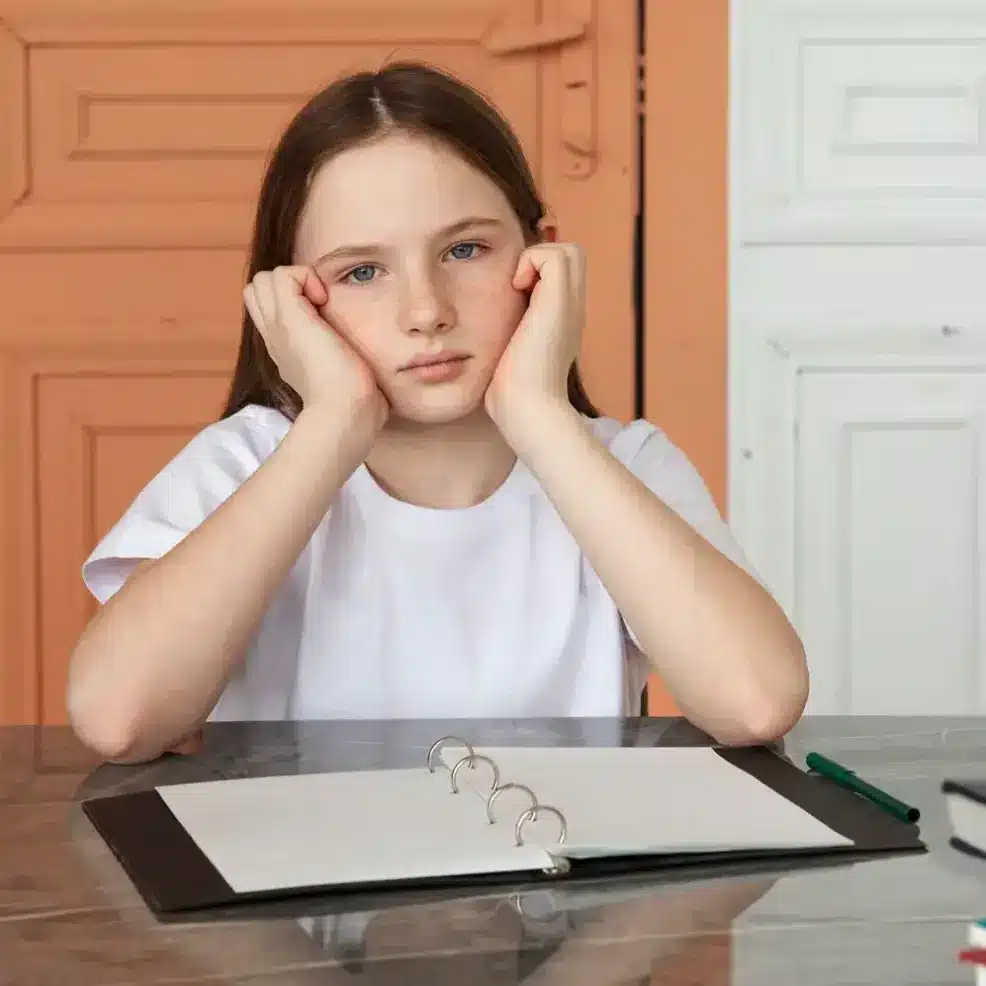 A-bored-looking-girl-is-sitting-at-a-desk-surrounded-by-open-books-and-notebooks.