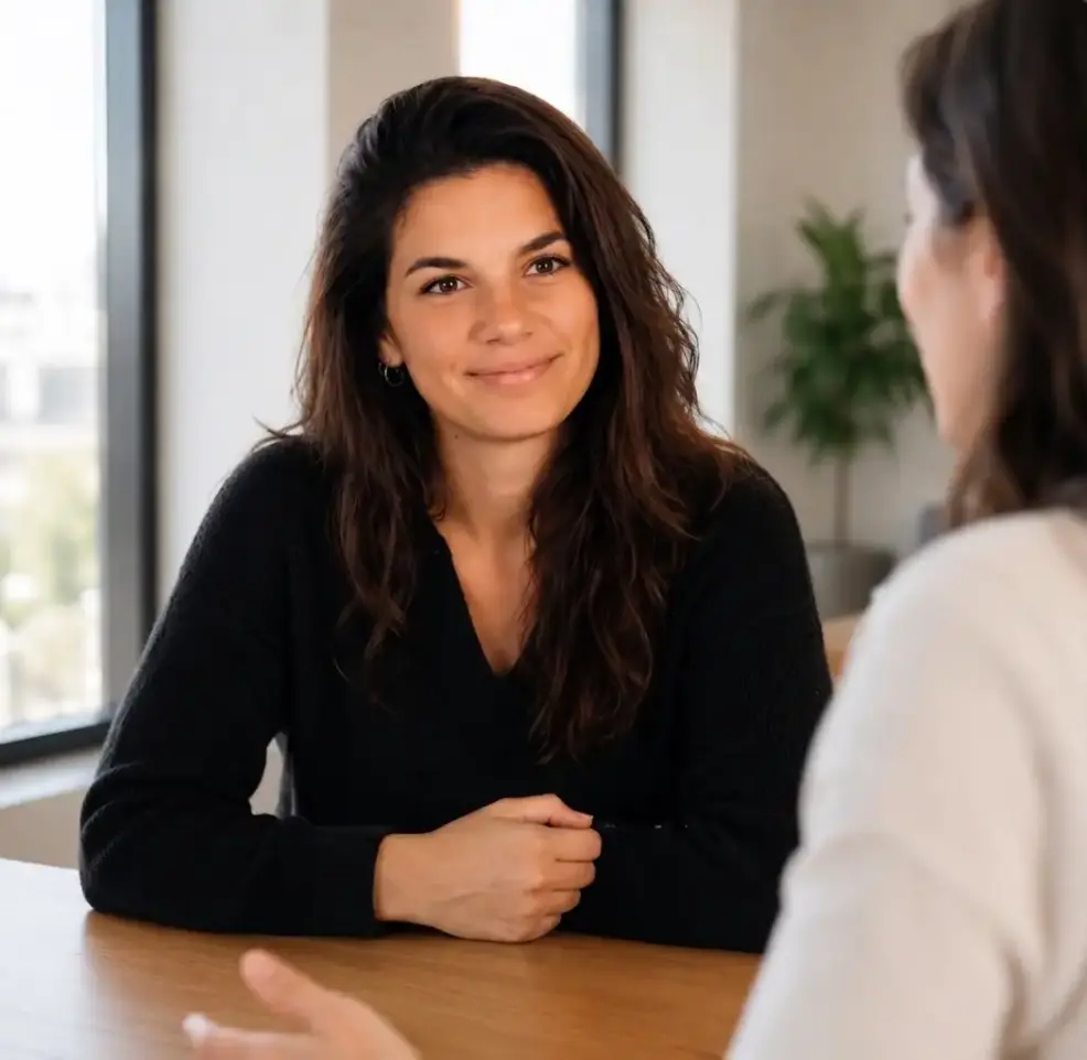 portrait-of-dr-teresa-gomez-alemany-sitting-at-a-wooden-table-with-her-arms-crossed-smiling-gently-at-the-camera